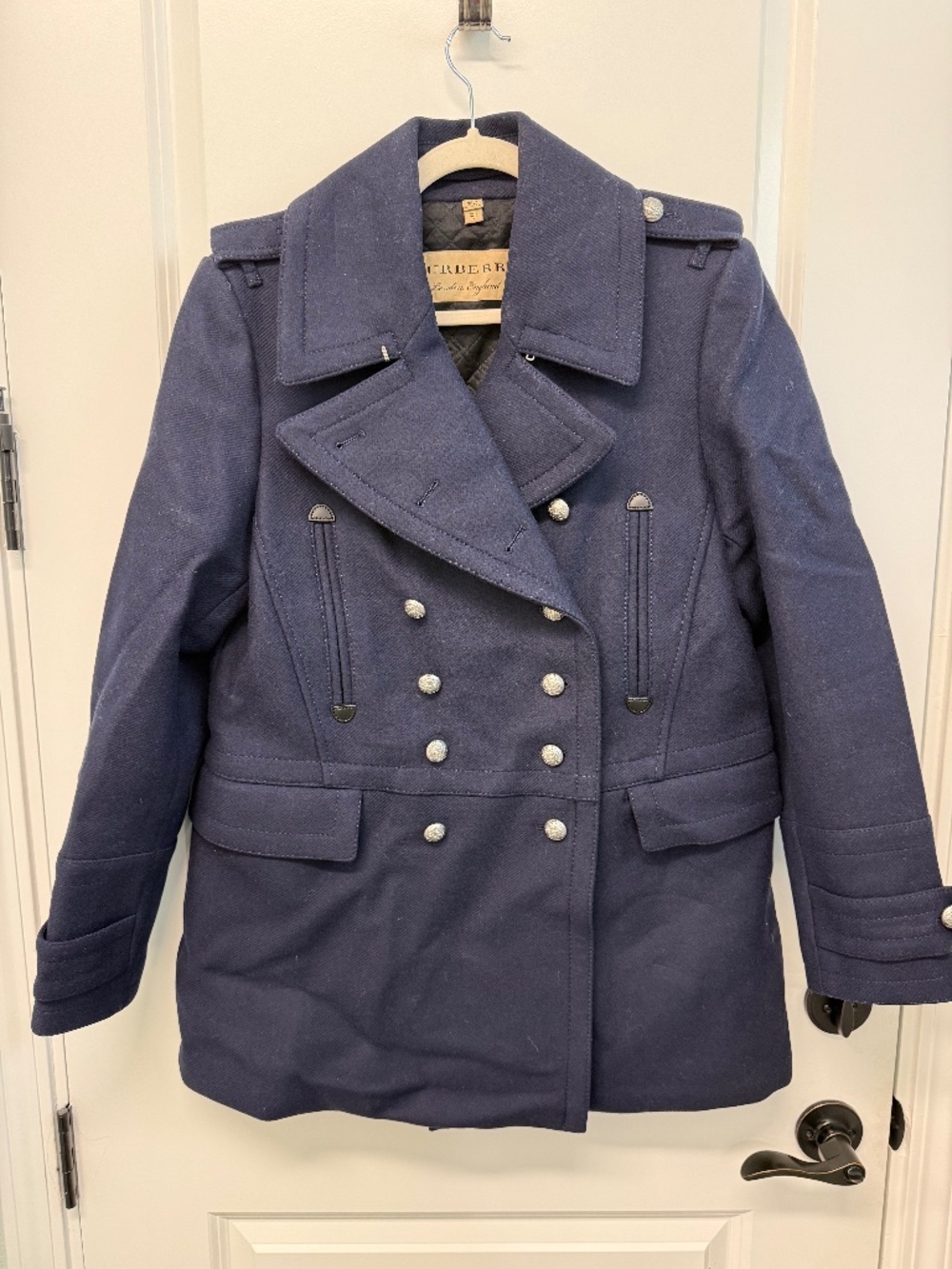 BURBERRY Navy Blue Wool Double Breasted Military Peacoat Jacket US 14 / UK 16 EU